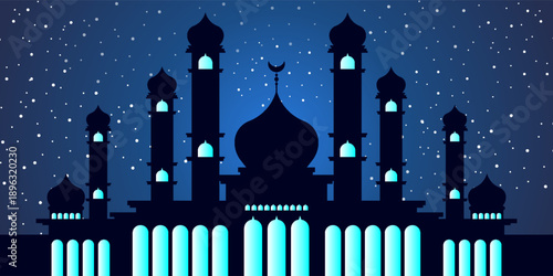 Ramadan and Eid theme design, Islamic background with golden crescent moon. Lanterns. Mosque. Vector illustration