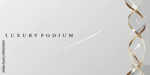 Elegant gray background with the word luxury podium and shimmering gold accents