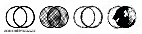 Set of four intersecting circles with different artistic styles, including clean lines, cross-hatching, scribbled sketches, and abstract grunge ink brush strokes in a graphic collection