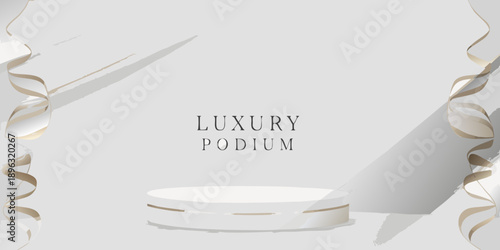 Elegant white podium with golden ribbons and soft shadow lighting display