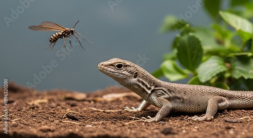Wallpaper Mural Lizard observing flying insect near green foliage on earthy ground Torontodigital.ca