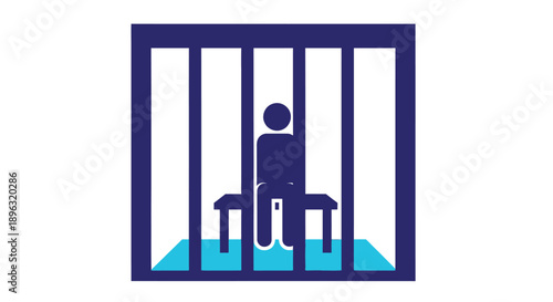 A blue silhouette of a person sitting on a stool inside a barred cell
