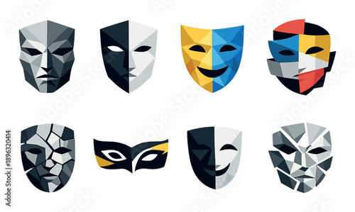 Colorful and monochrome geometric theater masks with various expressions