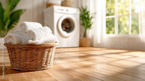 Wallpaper Mural Neatly stacked towels in a wicker basket capture a warm and inviting laundry room atmosphere, highlighting cleanliness and comfort in home living spaces. Torontodigital.ca