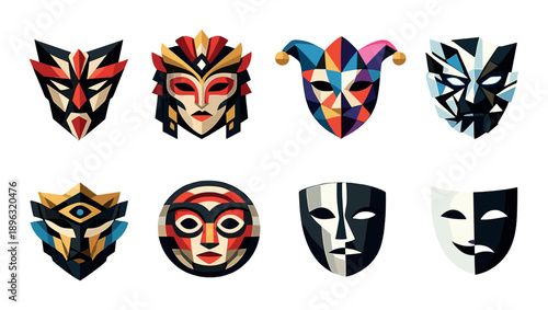 Colorful geometric masks on display with dark gradient background