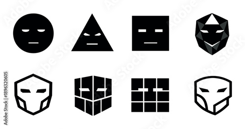 Minimalist geometric faces on dark background with various shapes