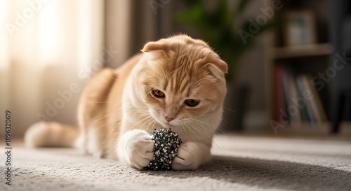 Wallpaper Mural Orange and white cat playing with toy indoors under soft natural light Torontodigital.ca