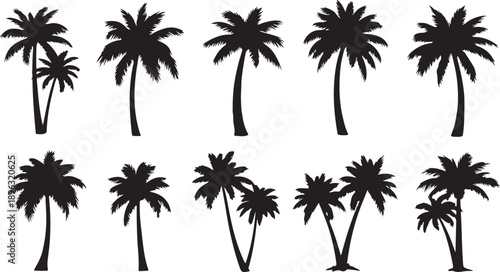 Silhouettes of palm trees and pink sun vector. set of palm trees and sunrise vector silhouette. tropical landscape and mountains black, very peri vector