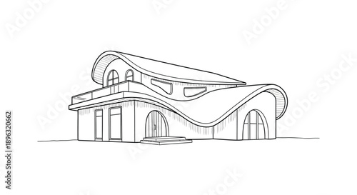 House architecture with modern curved roof line art sketch