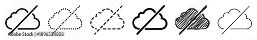 Set of black no cloud icons in various line art and hand-drawn styles like dotted, dashed, and scribble, representing an offline status, no connection, or unavailable data