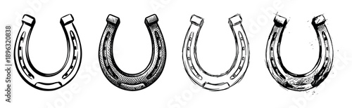 Four black and white hand drawn horseshoes in a row, showcasing a variety of sketch styles from clean line art to rough, textured cross-hatching and expressive ink strokes