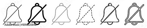Set of black silent bell icons representing mute notifications, presented in various line art styles like solid, dotted, dashed, and sketched for UI design elements