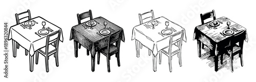 Four hand-drawn restaurant tables set for two people, showcasing a collection of black and white sketch styles from simple line art to detailed cross-hatching and shading