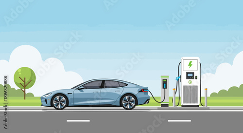 Electric car charging at a modern station on a sunny day with clear blue skies and green surroundings