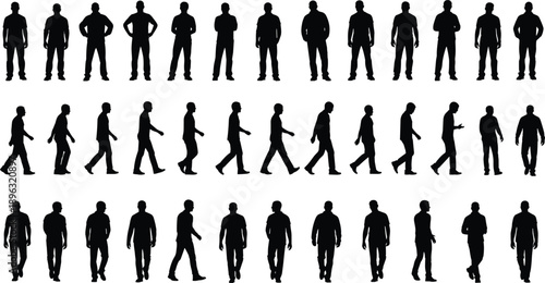 Male silhouette standing and walking poses set, black human figures for animation reference, character design, motion study, isolated vector illustration
