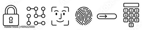 Set of black line icons representing security and authentication methods like padlock, pattern, face recognition, fingerprint, slider, and numeric keypad for digital access