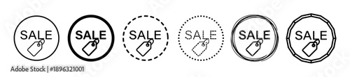 Set of six black sale icons with price tag symbols, each featuring a unique circular border design such as solid, dashed, dotted, scribbled, and geometric styles