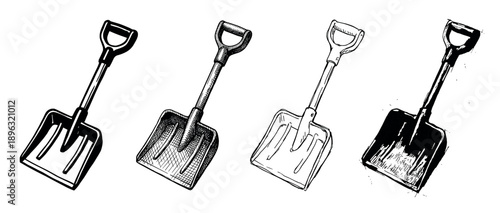 Set of four hand-drawn snow shovels in various sketch styles, including line art, cross-hatching, and solid black ink for winter cleaning and snow removal concepts