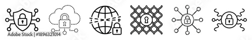 Set of six cybersecurity line icons representing data protection, network security, cloud computing, and internet privacy in a minimalist black and white hand-drawn style