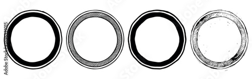 Four black hand drawn circular frames with different textures, including solid ink, crosshatch, and distressed grunge sketch styles, creating a versatile set of graphic design elements