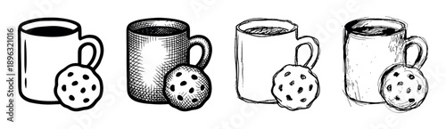 Four hand-drawn sketch illustrations of a mug and cookie in various artistic styles, from simple line art to detailed cross-hatching, depicting a cozy breakfast or snack