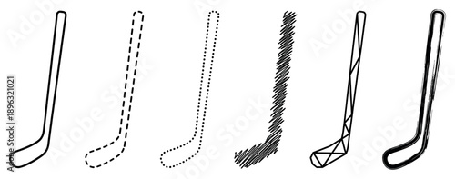 Set of six black hockey stick illustrations in various graphic styles, including outline, dashed, dotted, scribble, geometric wireframe, and rough brush stroke