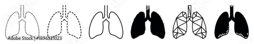 Set of six human lungs icons presented in various minimalist black and white graphic styles including outline, silhouette, dotted, and geometric for medical illustrations