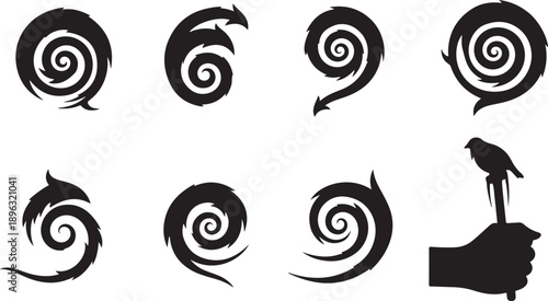 Silhouette of bird perched on hand with swirling designs