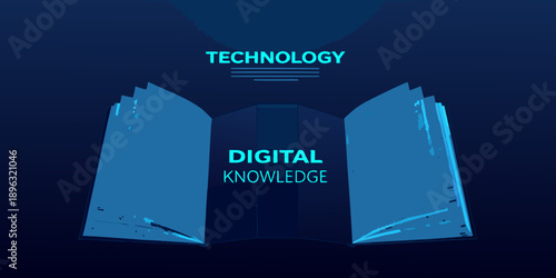 An open book with glowing pages representing digital technology and knowledge