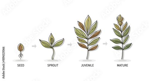 Plant growth stages from seed to mature leaf branch
