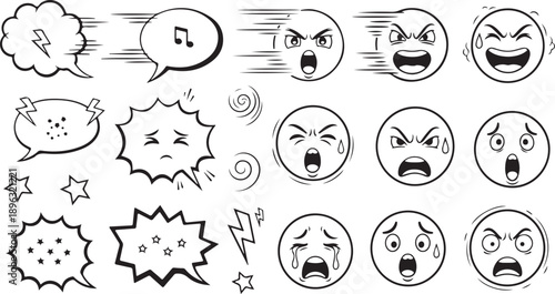 Emoji expressions set. Vector cartoon emoticons collection. Cute smiley faces showing different emotions: happy, sad, angry, crying, surprise. Funny character