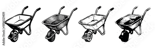 Set of four hand-drawn wheelbarrows in a rough black and white ink sketch style, showcasing a collection of gardening and construction tool doodle illustrations