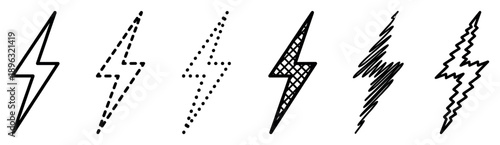 Collection of six lightning bolt icons with different line art styles including solid, dashed, dotted, hatched, scribbled, and jagged for a graphic design element