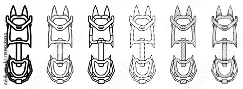 Set of six futuristic gaming chair illustrations in various black and white line art styles, including sketched, dotted, and hatched designs for a modern sci-fi concept