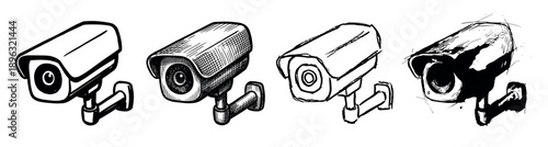 Four security surveillance cameras illustrated in a hand-drawn black and white sketch style, showing a collection of different artistic interpretations from clean line art to rough ink