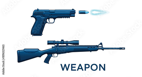 Blue illustration of a handgun firing and a rifle with a scope displayed