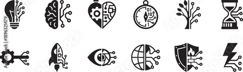 Digital gear and circuit board icon set in clean vector EPS for tech, engineering, and innovation designs.