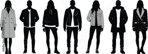 Fashion Silhouettes Set of Men and Women Wearing Seasonal Outerwear Jackets Coats and Casual Streetwear Vector Illustration Collection