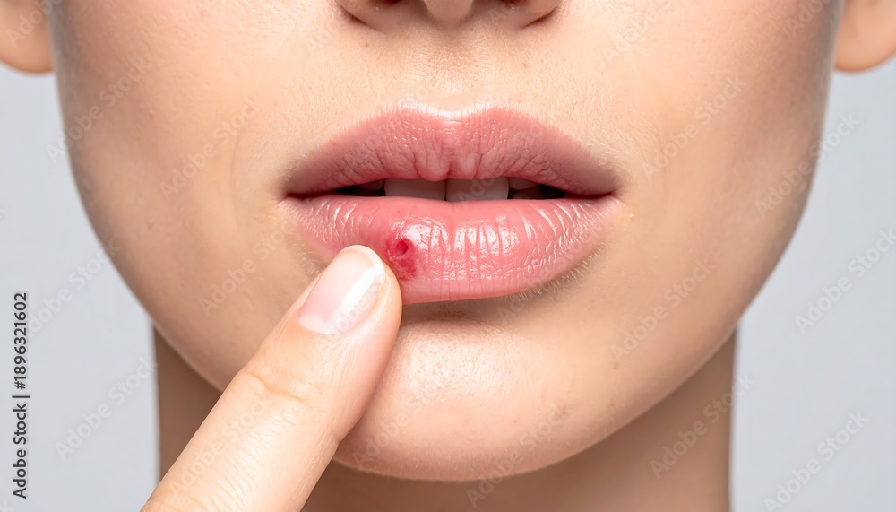 Naklejka premium Close up female lips gently touched by fingers emphasizing cosmetic beauty detail
