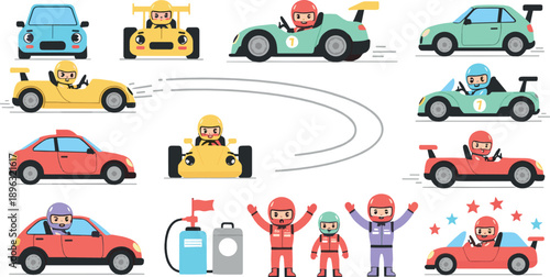 Cute cartoon racing cars and drivers vector set, colorful toy vehicles, pit stop and race celebration scenes, playful flat illustration for kids designs