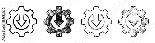 Set of four hand-drawn gear icons with a downward arrow inside, rendered in different sketch, doodle, and crosshatch styles for system update or installation concepts