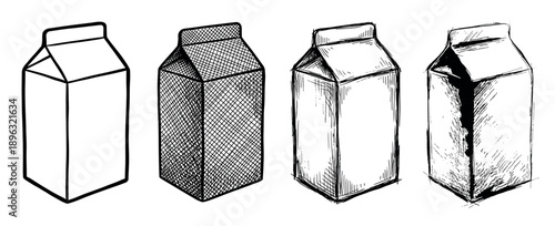 Four hand-drawn milk carton illustrations showing a progression of artistic styles from simple line art to detailed cross-hatching and expressive, sketchy ink drawings