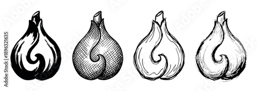 Four hand-drawn garlic bulb illustrations in different artistic styles, including silhouette, crosshatch, line art, and sketch, showing a collection of graphic vegetable icons