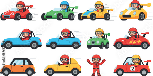 Cute cartoon racing cars with drivers, colorful toy vehicles and racers, playful speed and competition concept, flat vector illustration set for kids designs