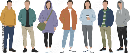 Faceless young people standing in casual autumn outfits collection for modern lifestyle fashion and diverse community character design