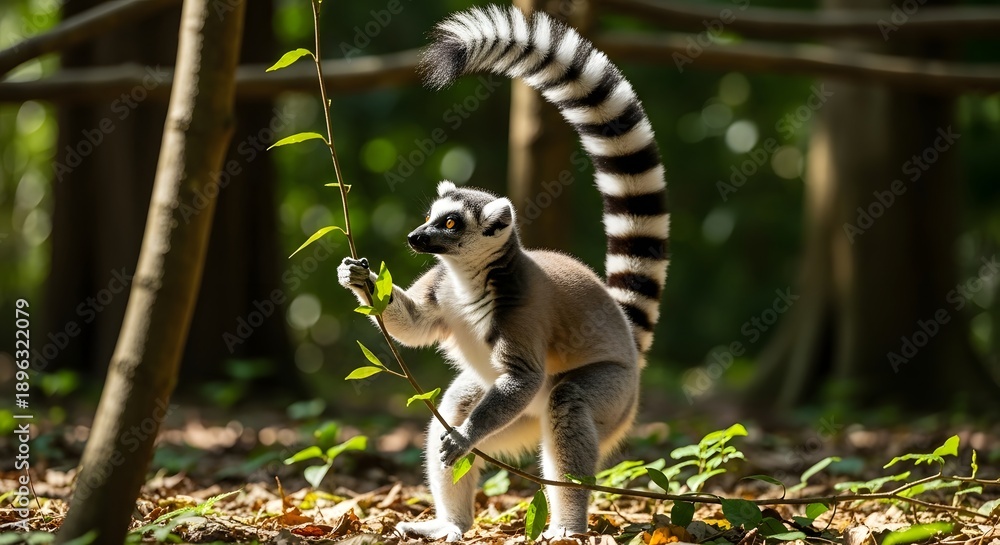 Fototapeta premium Ring tailed lemur in natural habitat interacting with foliage