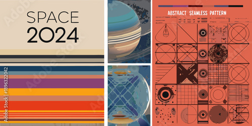 Collage featuring space themes geometric patterns and colorful striped designs