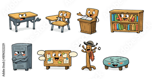 Animated classroom objects with expressive cartoon faces