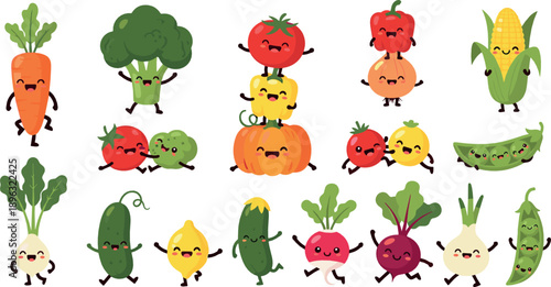 Cute Kawaii Vegetable Characters Vector Set with Smiling Carrot, Tomato, Broccoli, Corn, Radish and Healthy Cartoon Food Icons