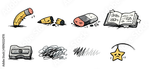 Creative pencil and note doodles with eraser, sharpener, star